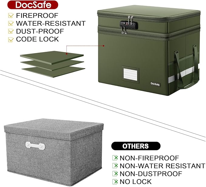 DocSafe File Box with Lock,Multi-Layer Fireproof Document Box Collapsible File Storage Organizer with Pockets/Handle,Portable