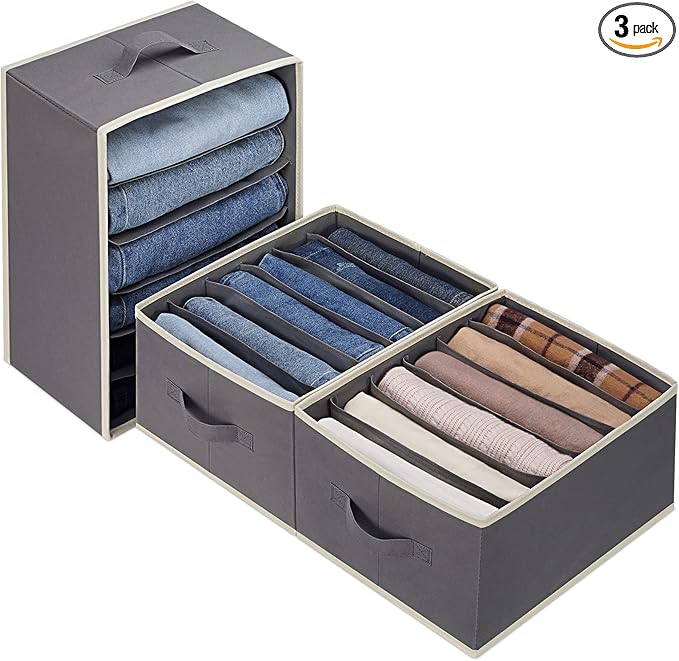 3 Pcs Large Size Wardrobe Clothes Organizers 6 Grids for Pants, Jeans, Sweater, T-shirt, Dress Stackable Closet Drawer Organi
