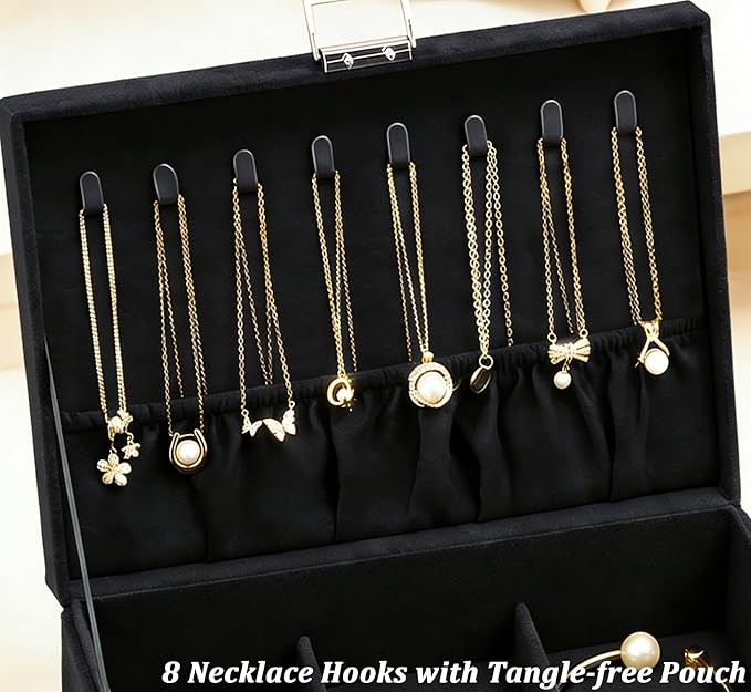 QBestry Jewelry Box for Women with Drawer, 3-Layer Large Jewelry Organizer with Lock & Key, 8 Necklace Hooks & 56 Earring Hol