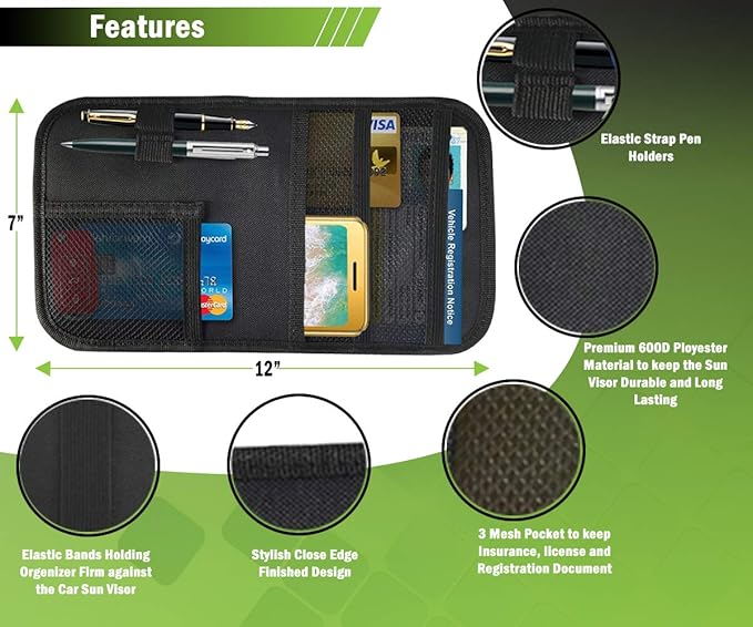 Car Sun Visor Organizer with 4 Pockets and 2 Pen Holders