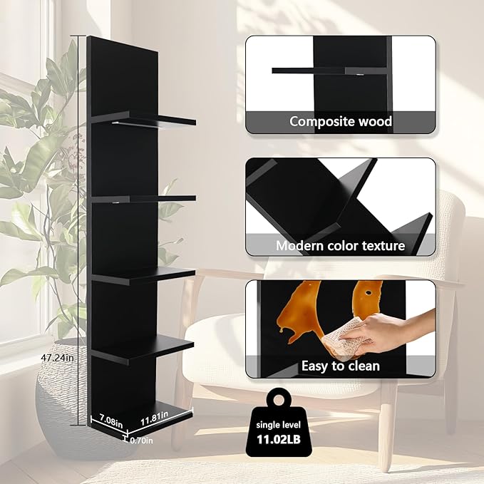 5 Tier Wall Shelf Unit, Black Shelves,Lack Shelf, Wall Shelves for Bedroom，Office,Bathroom, Vanity Shelves with LED Remote Co