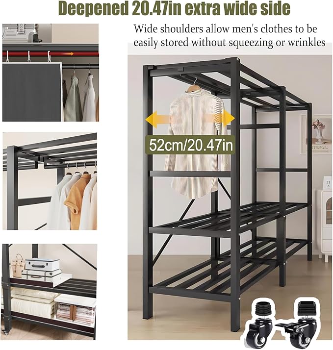 YTLEMON Heavy Duty Wardrobe Closet with Cover, Metal Rolling Clothes Rack, Foldable Portable Closet Organizer System Freestan