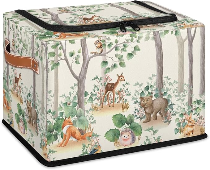 Woodland Wildlife Storage Basket - Cute Animals Party Bin Collapsible Organizer with Zipper Lid, Kid Rectangular Decorative B