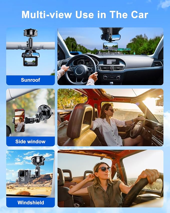 Suction Cup Mount for GoPro Camera Phone Holder, Rotatable Anti-Shake Suction Cup Camera Mount for Car, Windshield Suction Cup Mount for GoPro Hero 12/11/10/9 Insta360 X3 DJI Action
