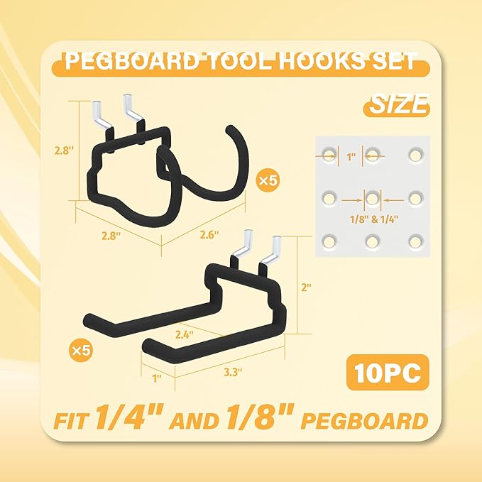 Heavy Duty Pegboard Hooks 10PC - Black Peg Board Hooks for Hanging Tools, Drill Holder, Only Fits 1/4" Peg Board, Ideal for g