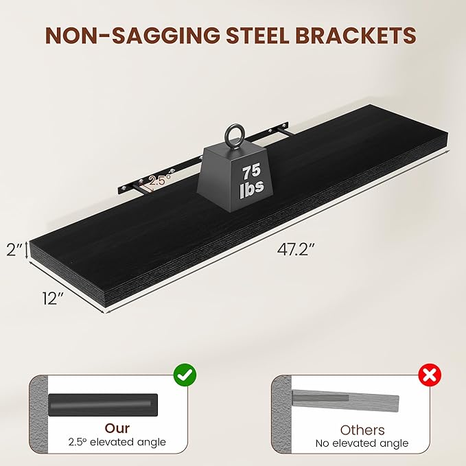 Vivelove 2 inch Thick Floating Shelves for Wall 48 Inches Long, 12" Deep Wall Shelves, for Bedroom, Bathroom, Living Room, Ki