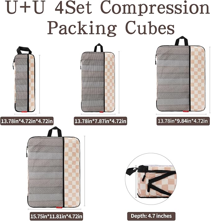 U+U 4 Set Compression Packing Cubes - Ultralight Travel Organizers, Space-Saving Suitcase Organizer, Expandable Packing Cubes