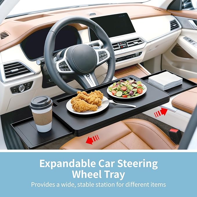 Adjustable Car Steering Wheel Tray, Expandable Car Desk with Rotatable Clip for Laptop & Food, Multipurpose Portable Table for Eating, Working, Gaming