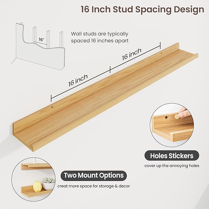 Axeman 48 Inch Floating Shelves with Lip, Set of 3 - Oak - Wall Mounted Shelves for Storage and Display - Engineered Wood - 2