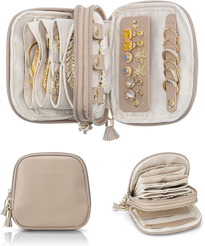 VLANDO Travel Jewelry Case,2-Layer Jewelry Organizer for Travel,Mothers Day Mom Gifts,Multi-Compartment Jewelry Storage for R