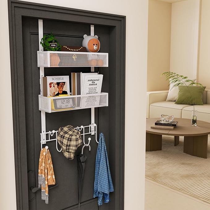 HapiRm Over The Door Organizer with Coat Hooks and 2 Baskets, Stainless Steel Rustproof Over The Door Hanger Hooks for Bathro