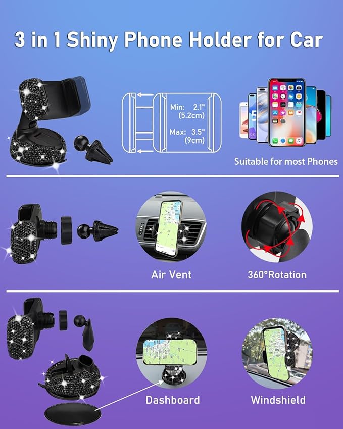 Belinous 27 PCs Bling Car Accessories for Women, Girl Car Accessories for Interior, Bling Steering Wheel Cover 14.5-15in, Bling License Plate Frame, Bling Phone Holder, Cup Coasters (Black Diamond)