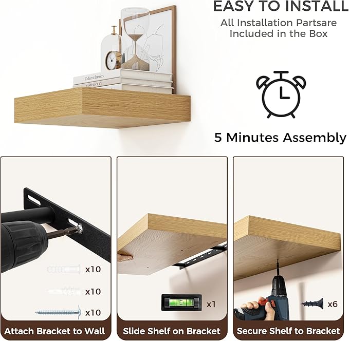 Square Floating Shelves for Wall, 12" W x 12" D x 2" H, 2 Pack of Small Wall Mounted Engineered Wood Shelves with Invisible B