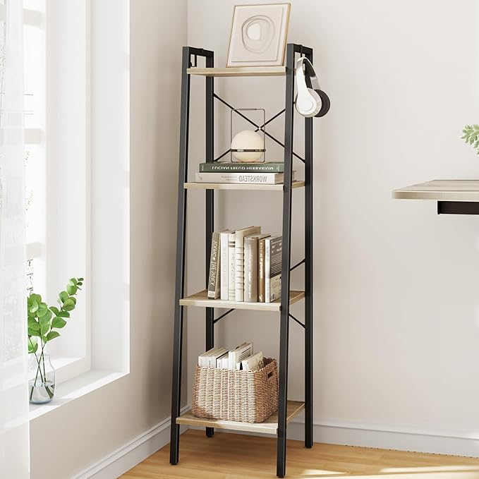 Hzuaneri Ladder Shelf, Bookshelf Bookcase, Freestanding Corner Storage Shelve with 2 Hooks for Home Office, Living Room, Kitc
