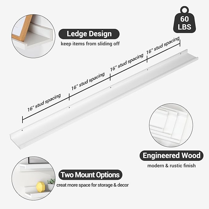 Axeman 72 Inch Floating Shelves | White Picture Ledge Shelf Set of 3 | Rustic Wood Wall Shelves with Lip | 72" White Picture 