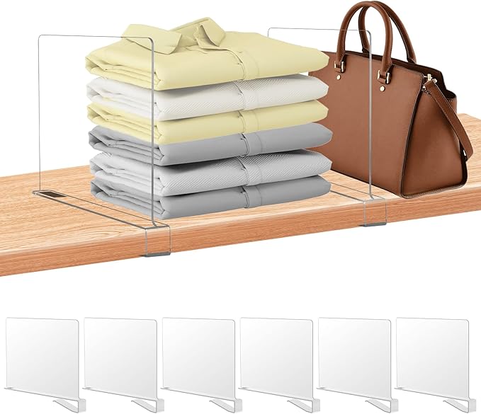 xydstay 6 Pack Clear Acrylic Shelf Dividers for Closet Organization, Purse Organizers for Closet, Clothing Dividers, Handbag 