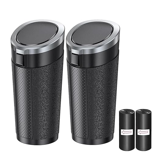 Car Trash Can with Lid, 2 Packs Leakproof Vehicle Garbage Bin, Compact Cup Holder Design, Includes 40 Trash Bags, Ideal for Car, Truck, Home, Office, Front & Back Seat Organizers (2-pack Silver)