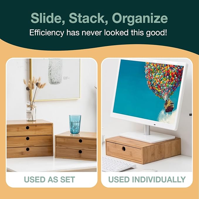 Set of 3 Bamboo Organizer Desktop Drawers - 1, 2, 3 Drawer Storage Organizer Ideal for Desk Accessories, Office Supplies, Mak