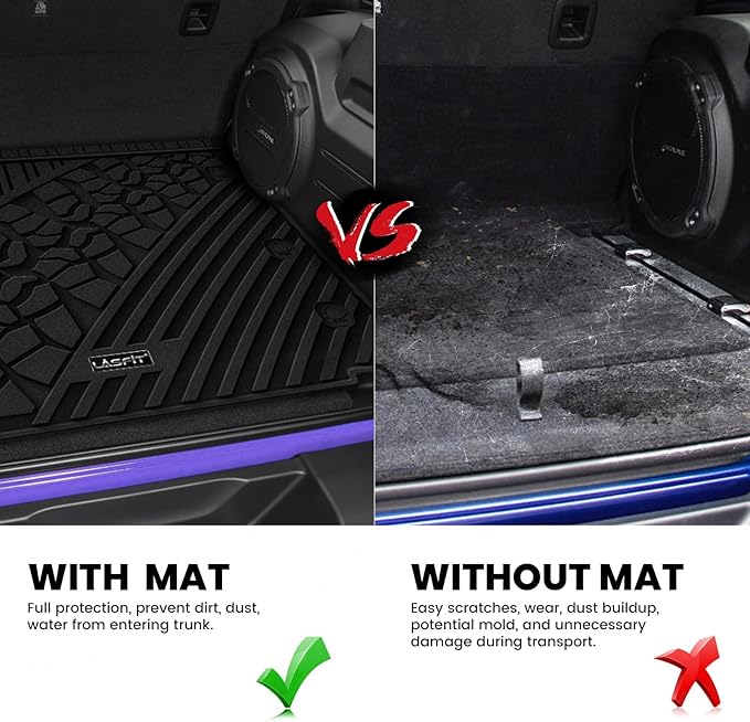 LASFIT Trunk Mat for Jeep Wrangler JL 2018-2025 2026 4 Door Cargo with SUBWOOFER, All Weather TPE Custom Fit Cargo Mat Fit for Flat Load Floor Gas Type, Black (Not for JK/Not PHEV/Not 2-Door)