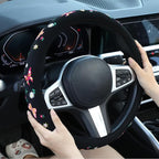 Embroidered Butterfly Daisy Cute Black Steering Wheel Cover, Auto Anti-Slip Breathable Steering Wheel Protector, Butterfly Floral Car Accessories for Women,Universal Size Fit Most Cars -15 inch