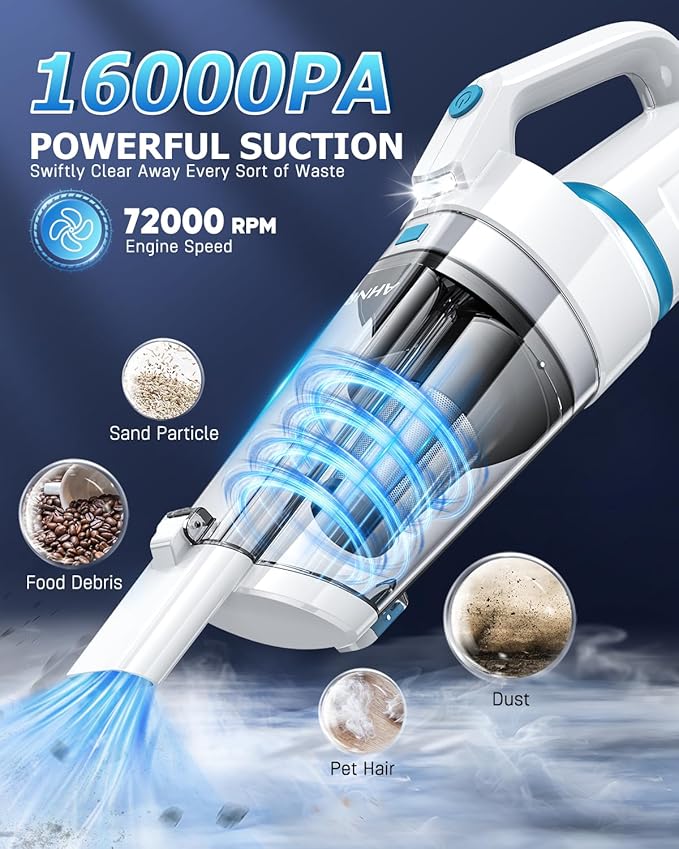 AHNR Handheld Vacuum Cordless, 16000PA Powerful Suction Hand Held Vacuum Dust Busters Cordless Rechargeable with LED Light & 