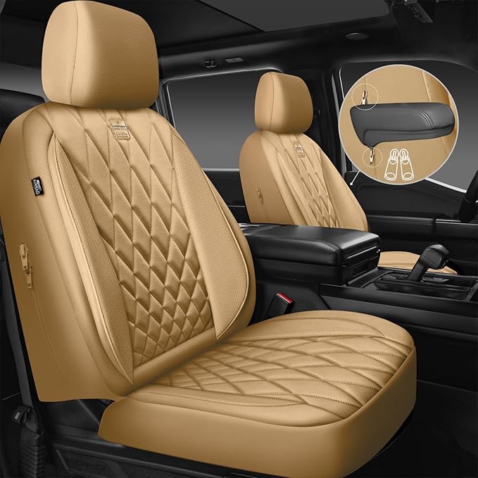 CAR PASS Piping Luxury PU Leather Two Front Car Seat Covers, Waterproof Anti Slip Seat Covers Compatible with Front Seat Armr