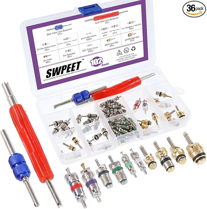Swpeet 36Pcs Air Conditioner R12 R134a Valve Cores Kit, Including Assortment R12 R134a Valve Core Refrigeration Tire Valve St