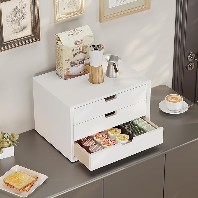 Desk Organizer with 3 Drawers, ALEX Drawer Unit, Chic White Wood Cosmetic Makeup Organizer for Office Vanity Tabletop Storage