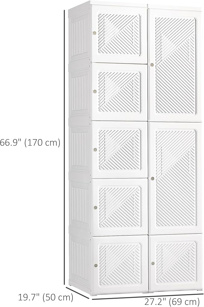 HOMCOM Portable Wardrobe Closet, Folding Clothes Storage Organizer with 6 Cube Compartments, Hanging Rod, 8 Magnet Doors, Whi