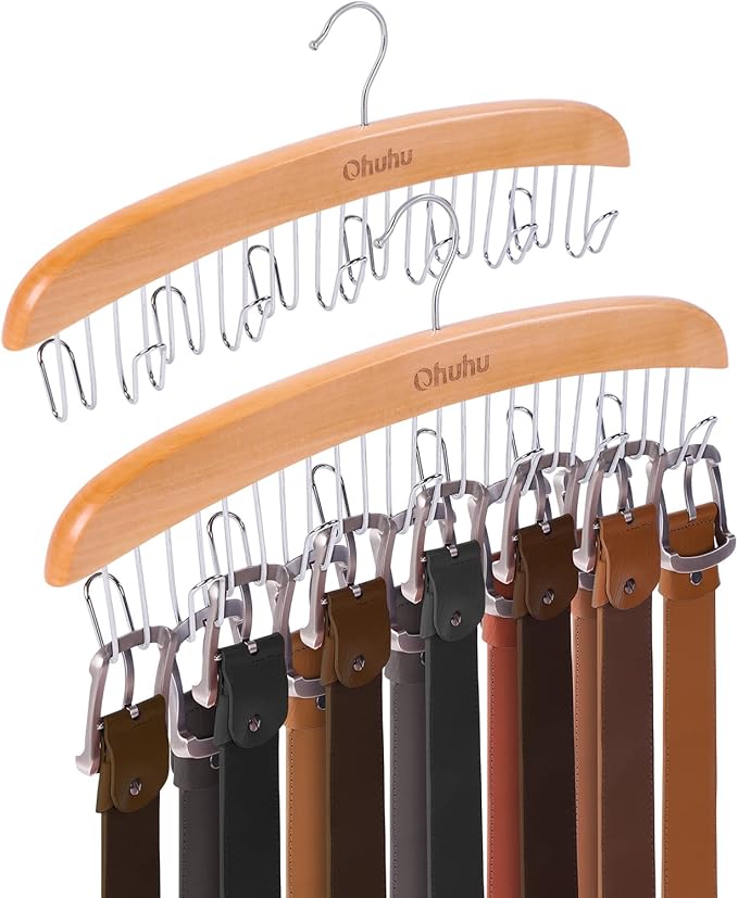Belt Hanger Organizer for Closet: Ohuhu 2 Pack 12 Hooks Max 36 Belts Tie Rack Wooden Belt Holder for Storage 360 Degree Rotat