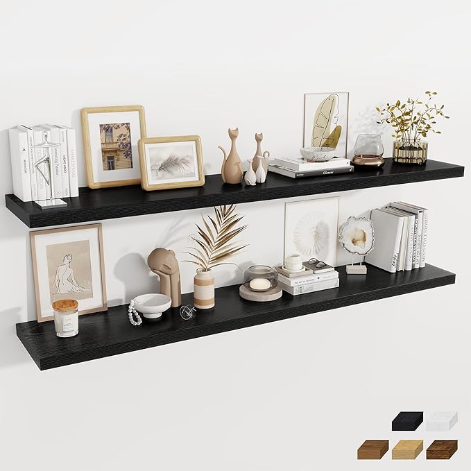 Fun Memories Black Deep Floating Shelves, 72 x 12 Inch Long Wall Shelves, Large Display Shelf & Storage Shelf, Wood Floating 