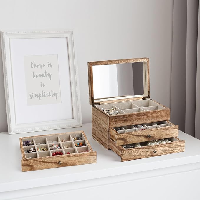 Meangood Jewelry Box Organizer for Women, 3 Layer Large Jewelry Storage Case, Rustic Wooden Jewelry Box with Mirror & Ring Tr