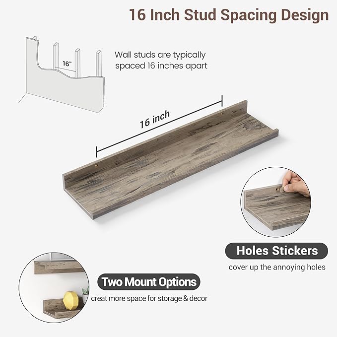 Axeman Picture Ledge Shelf | 24 Inch Grey Floating Shelves Set of 3 | Rustic Grey Wall Shelves with Lip | 24" Picture Shelf f