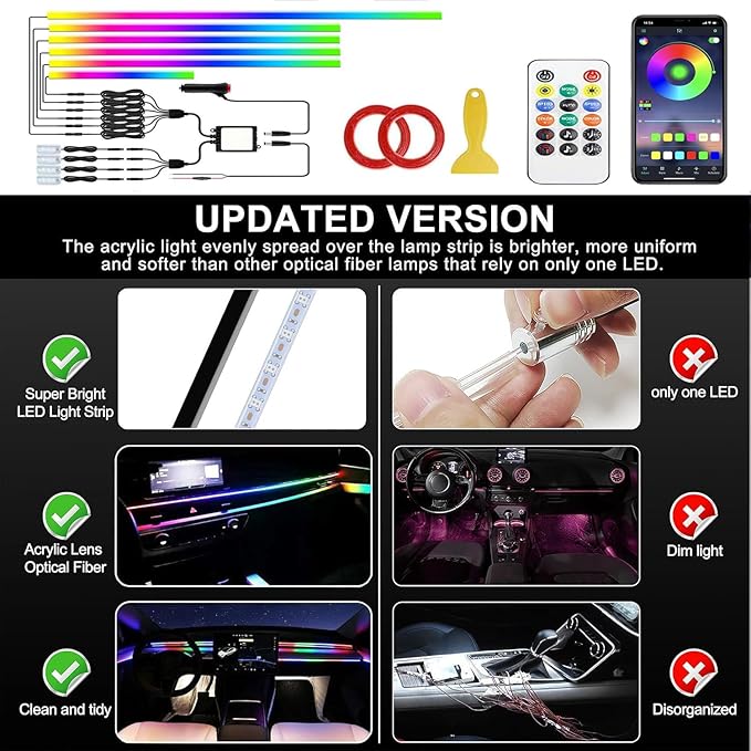 Interior Car LED Strip Lights, Acrylic LED Lights RGB Dreamcolor 10 in 1 with 175 inches 593 LEDs Fiber Optic Ambient Lighting Kits,APP and Remote Control 16 Million Colors Car Neon Lights