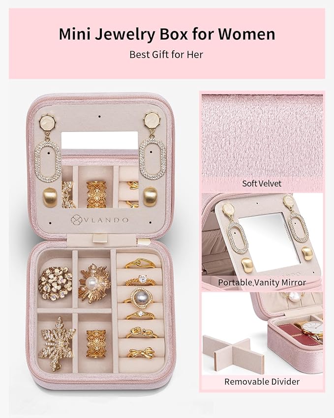 Vlando Velvet Travel Jewelry Case, Jewelry Travel Box for Women, Travel Jewelry Organizer, Small, Portable Jewelry Boxes with