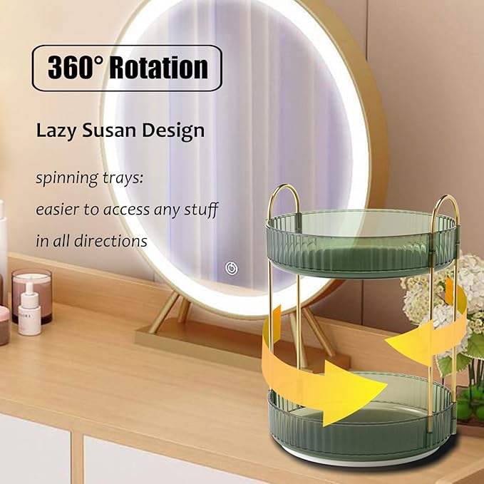 Rotating Makeup Organizer Countertop 2 Tier Lazy Susan Trays Clear Skincare Perfume Storage for Bathroom Counter Vanity, Gree