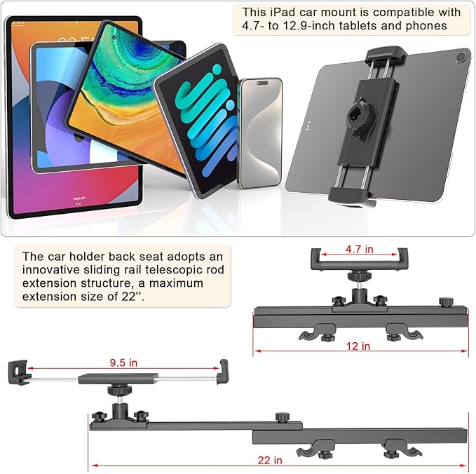 Headrest Tablet Holder for Car Accessories, Crafted from aircraft-grade aluminum，Universal Car Tablet Mount with 22'' Extendsion Arm Car Seat Mount for iPad, Galaxy, Fire HD or 4.7-12.9” Tablets
