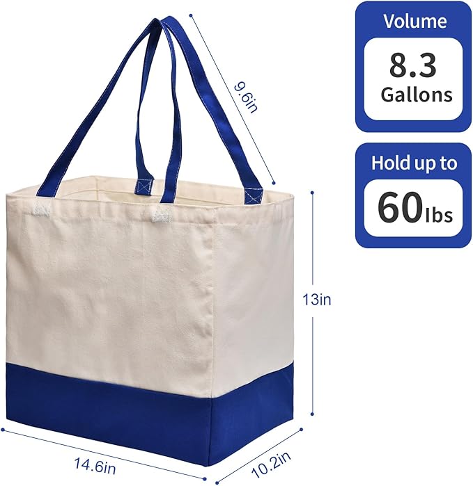 3 Pack Canvas Reusable Grocery Bags Heavy Duty, 8.3 gal Foldable Large Tote Bag with Handles, Holds 60 lbs Canvas Shopping Bags & Washable Eco-friendly Bags with 5 Pockets, Blue+Off White