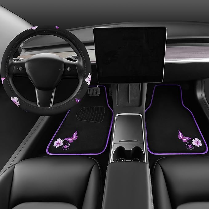 CAR PASS Butterfly Steering Wheel Cover and Waterproof Car Floor Mats,Purple Car Mats 14.5-15inch Steering Wheel Covers Unive