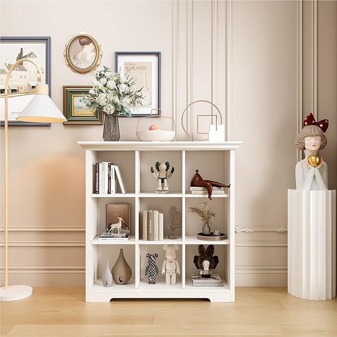 OSCHF Wooden Cube Shelf Bookcase - Modern 3 Tiers Floorstanding Open Bookshelf with Base for Home and Office, 9 Cubes Storage