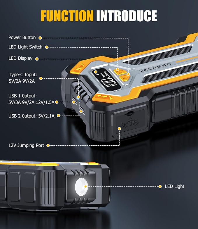 Car Jump Starter, VACASSO 5000A Car Battery Jump Starter for Up to 10L Gas and 8L Diesel Engines, 12V Portable Jumper