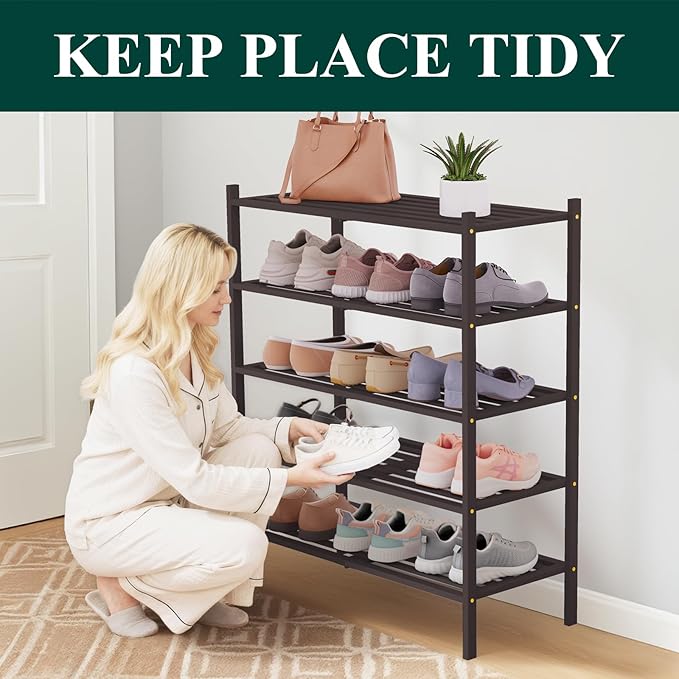 Smiry Bamboo Shoe Rack 5-Tier, Stackable Wooden Shoe Organizer for Entryway & Closet, Free Standing Wood Shoe Storage Shelf f