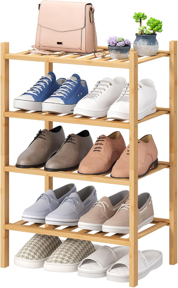 viewcare Small Shoe Rack, 4-Tier Rack for Entryway, Bamboo Wood Shoe Shelf for Closet & Hallway, Long 17 in | Beautiful | Fun