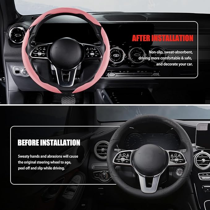 Nappa Leather Car Steering Wheel Cover for Men Women, Ultra-Thin Non-Slip Breathable Microfibre, Universal for 14.5"-15" Stee