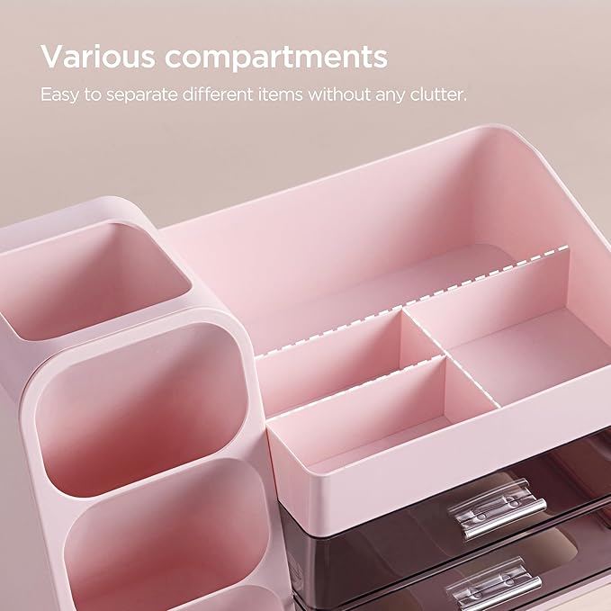 HBlife Makeup Organizer with Brush Holder for Vanity, Large Plastic Bathroom Countertop Organizer Skin Care Storage, Easy to 