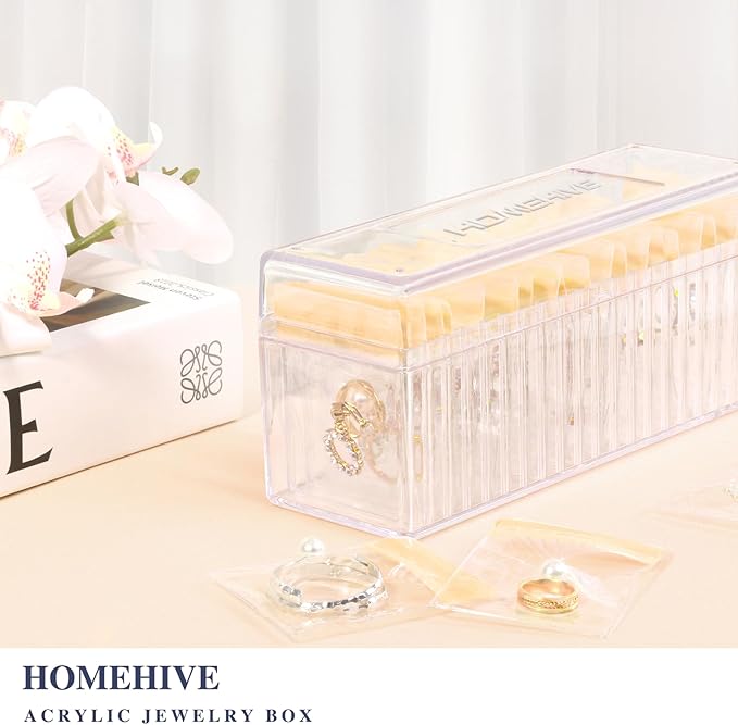 HOMEHIVE Acrylic Jewelry Box Organizer, Clear Jewelry Organizer Holder with 20 Portable Anti Tarnish Jewelry bags, Travel Jew
