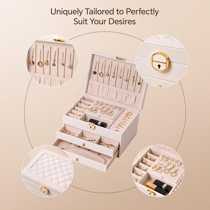 3 Layer Jewelry Box, Jewelry Holder Organizer with Jewelry Organizer Drawer, Large Jewelry Boxes & Organizer with Velvet Earr