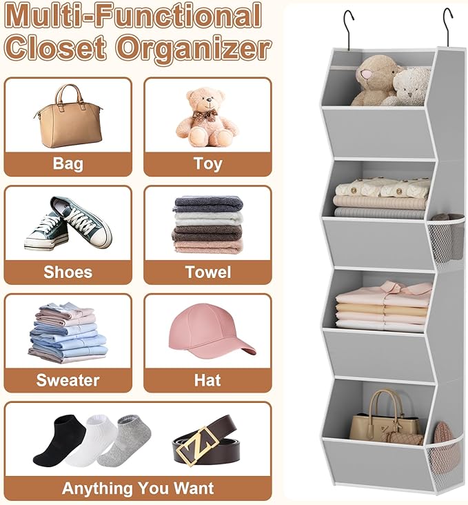 Hanging Closet Organizer 4 Shelf Collapsible Bedroom Closet Organizers and Storage Hanging with Mesh Pockets for Clothes, Fab
