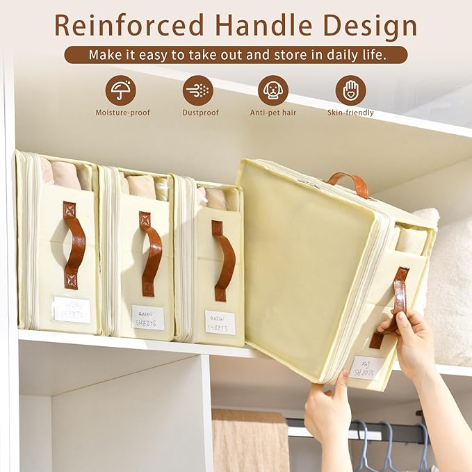 Bed Sheet Organizers and Storage, 8 Pack Linen Closet Organizers with Adjustable Zipper, Foldable Bedding Storage for Queen o