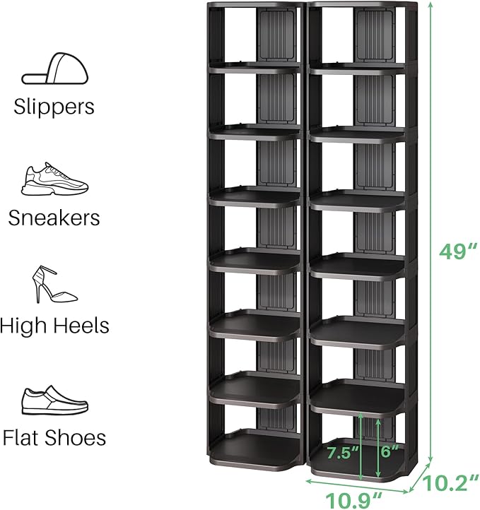 Kitstorack Stackable 16-Tier Shoe Rack for Closet & Entrance - Tall, Narrow, Vertical Shoe Stand - Plastic, Free Standing - I